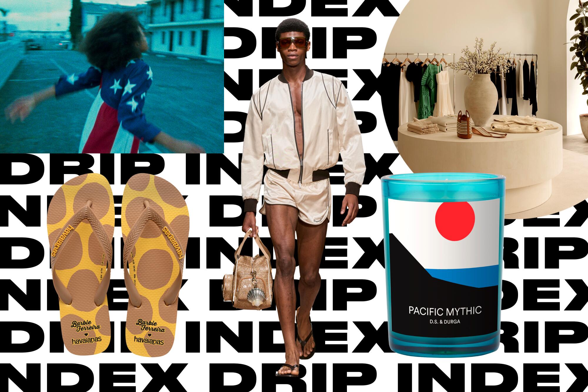 Collage featuring camo flip-flops, a model in white top and shorts, colorfully packaged candle and more
