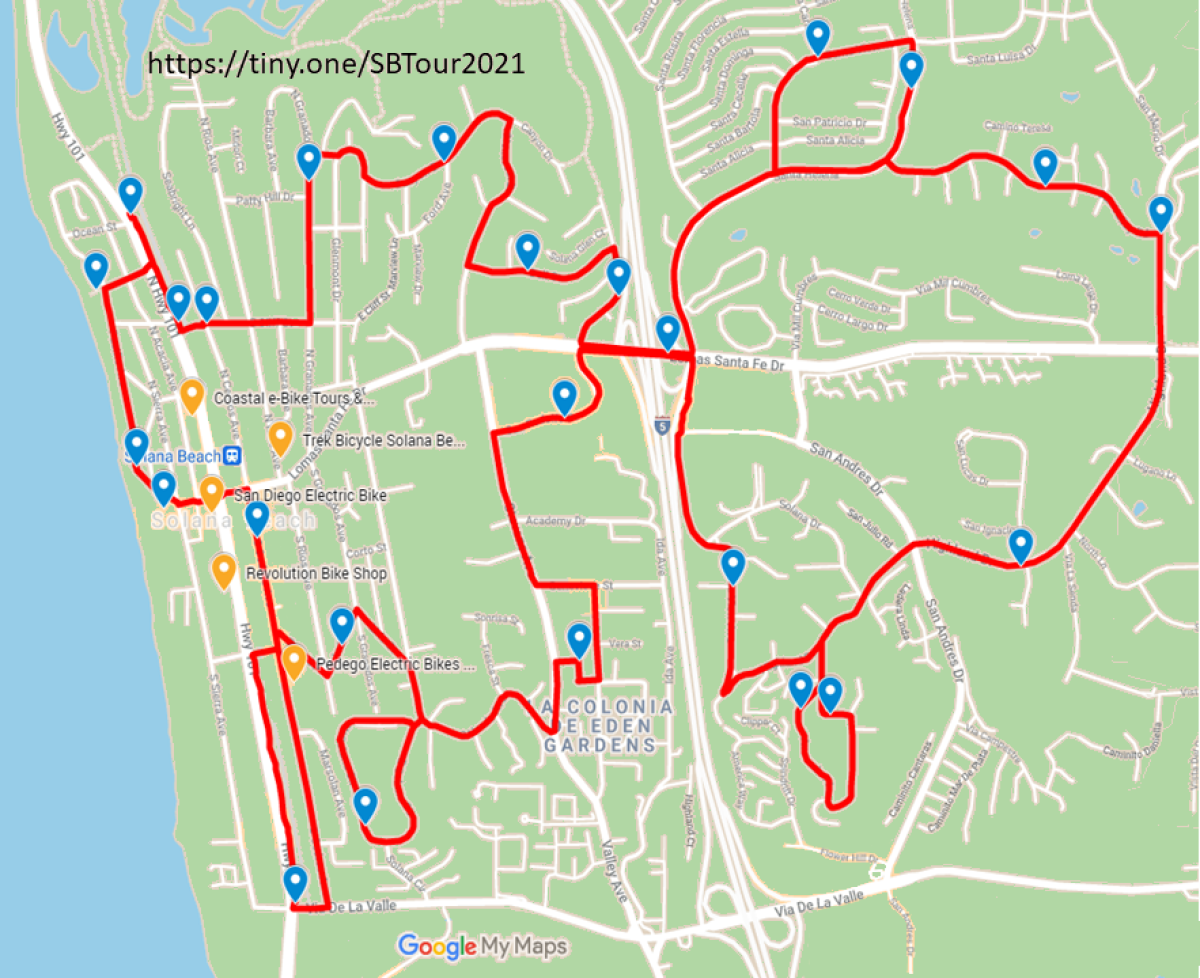 A tour map of the Tour of Solana Beach Self-Guided Scavenger Hunt.