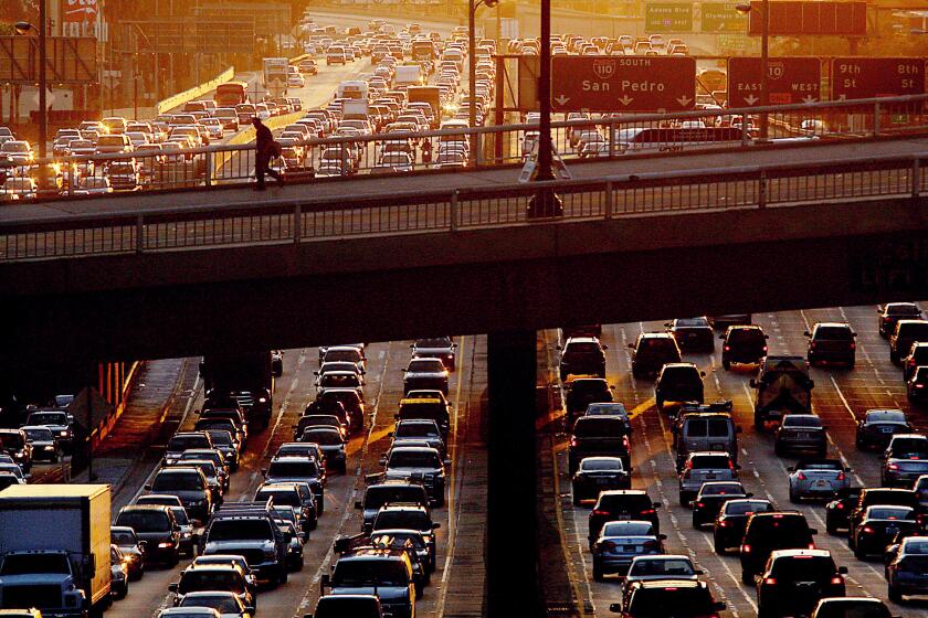  Traffic jams the Harbor Freeway in downtown Los Angeles.
