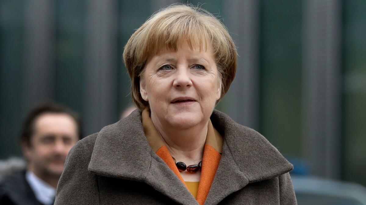 German Chancellor and head of the German Christian Democrats, Angela Merkel, arrives for a party meeting in Munich, Germany on Feb. 6.