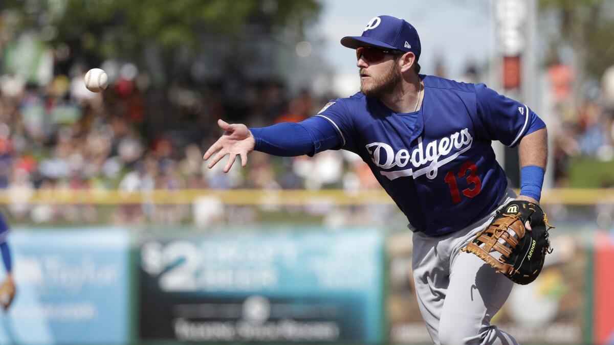 Dodgers first baseman Max Muncy tosses a ball against the San Francisco Giants on March 4, 2019.