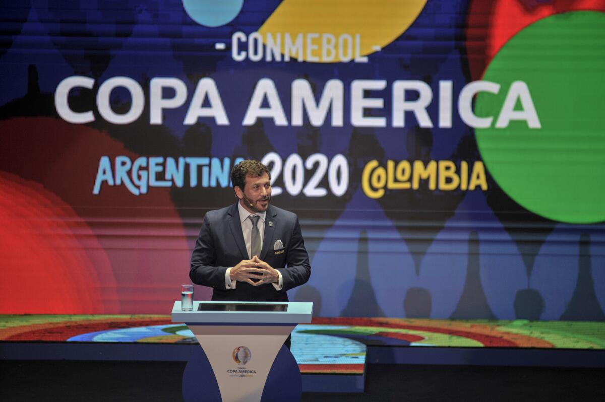 CARTAGENA, COLOMBIA - DECEMBER 03: President of CONMEBOL Alejandro Dominguez speaks during the draw for Copa America 2020 co-hosted by Argentina and Colombia at Centro de Convenciones de Cartagena de Indias on December 03, 2019 in Cartagena, Colombia. (Photo by Guillermo Legaria/Getty Images) ** OUTS - ELSENT, FPG, CM - OUTS * NM, PH, VA if sourced by CT, LA or MoD **