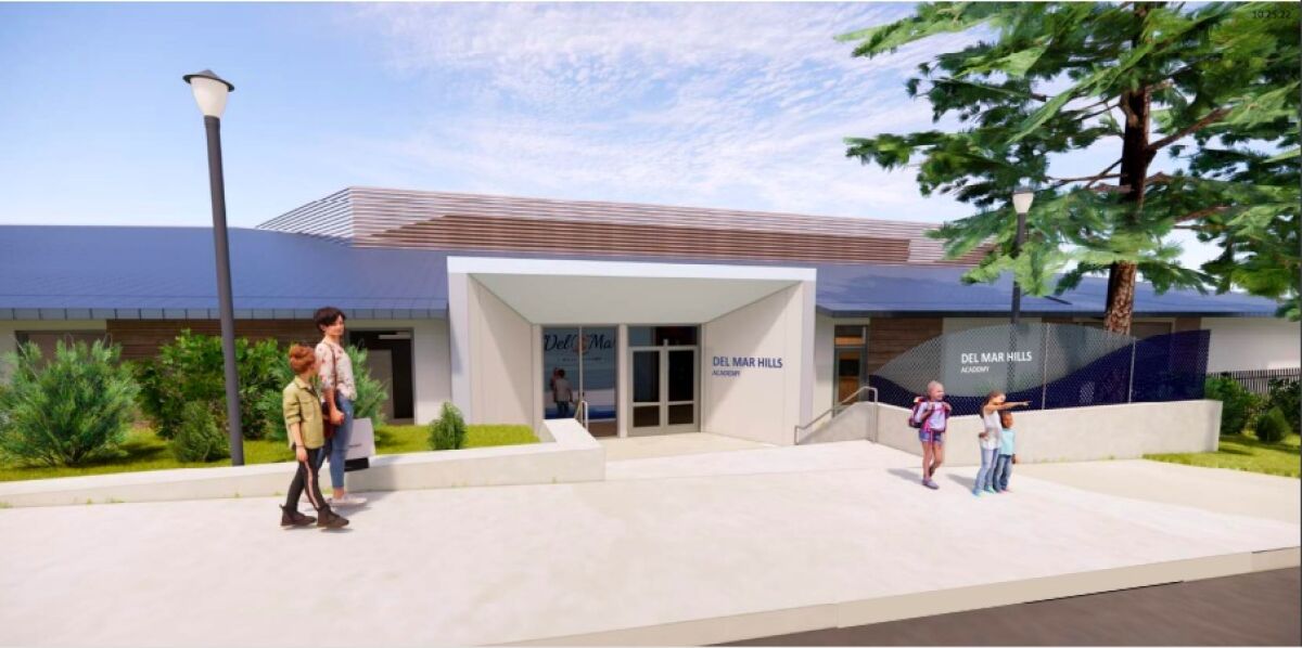 A rendering of the new front entrance to Del Mar Hills Academy.