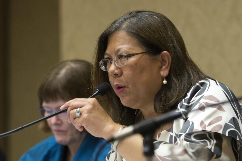 California Controller Betty Yee, chairwoman of the California Lands Commission, discusses the closure of the Diablo Canyon Nuclear Power, Tuesday, June 28, 2016, in Sacramento, Calif. Yee and other members of the commission were considering waiving an environmental review before renewing a contract with the plant's owners, PG&E, after an agreement was reached with environmental groups to close the Diablo Canyon facility by 2025, nine years earlier than previously planned. (AP Photo/Rich Pedroncelli)