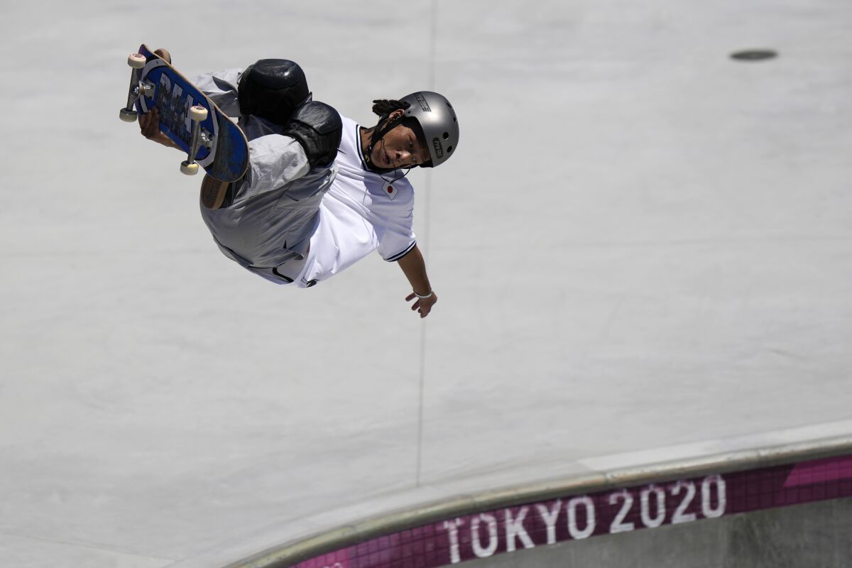 Ayumu Hirano of Japan competes in the men's park skateboarding prelims at the 2020 Summer Olympics, Thursday, Aug. 5, 2021, in Tokyo, Japan. (AP Photo/Ben Curtis)