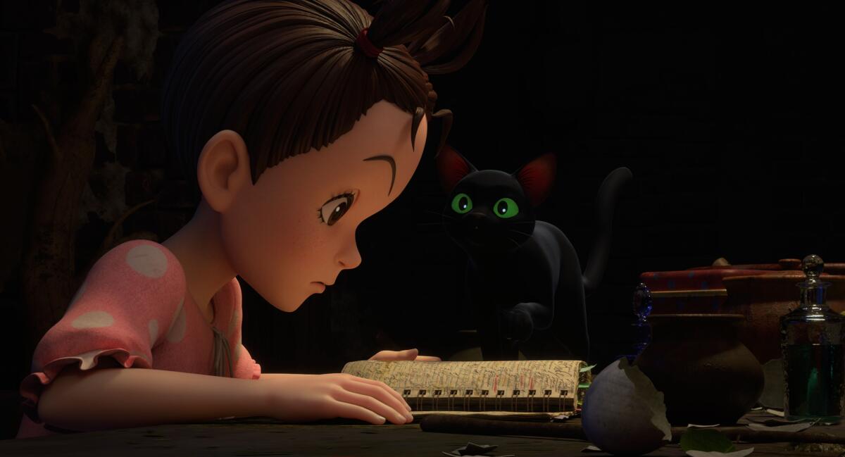 Earwig studies a book near a black cat whose green eyes glow.