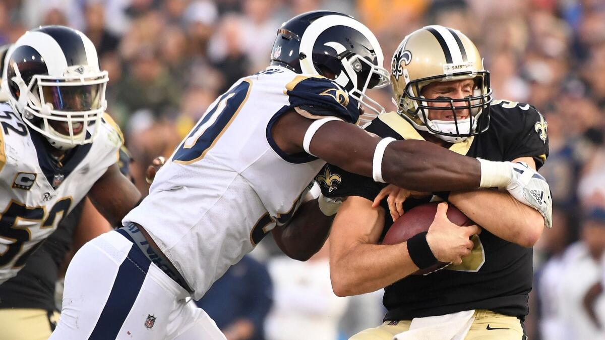 Rams rookie linebacker Samson Ebukam, making his first start this week, got to Drew Brees for a sack in last week's victory over the Saints.