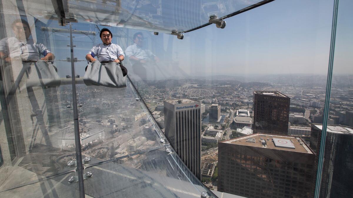 Be sure to check out the view while on the dizzying glass slide at the U.S. Bank Tower in downtown Los Angeles.
