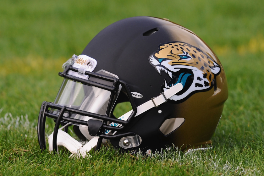 BAGSHOT, ENGLAND - OCTOBER 25: The Jacksonville Jaguars logo visible during a training session.