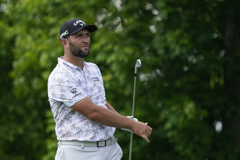 Jon Rahm watches a tee shot during the third round of the Memorial on June 5, 2021.