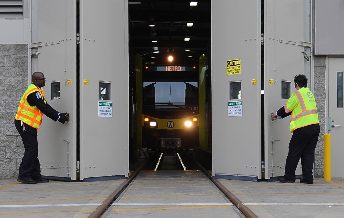 The Metropolitian Transit Authority unveil the new Kinkisharyo rail car at Metro Division 22 in Lawndale.