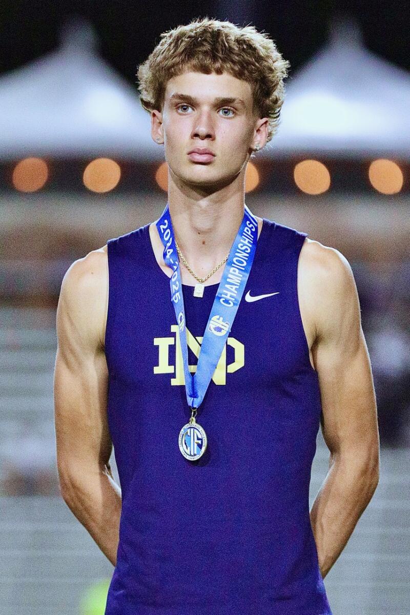 Sherman Oaks Notre Dame's JJ Harel stands after winning the boys' high jump title.