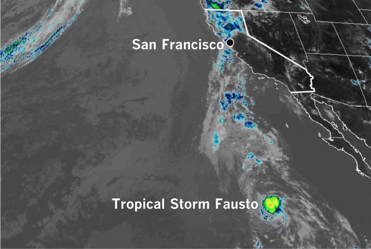 A moisture plume from Tropical Storm Fausto streams toward Northern California in a satellite image taken at noon Sunday.