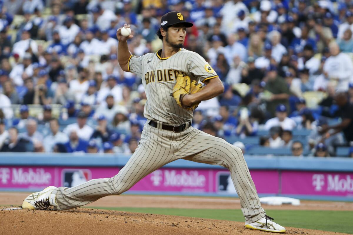 San Diego Padres starting pitcher Yu Darvish delivers a pitch during the first inning.