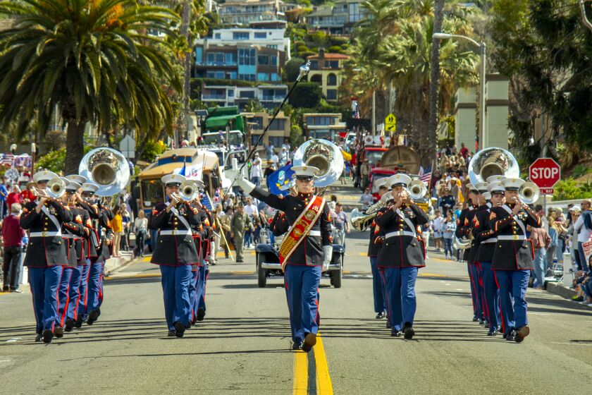 3rd Marine Aircraft Wing band marches down Park Avenue. Laguna Beach Everyday Heroes 54th Annual Patriot's Day Parade. (Photo by Spencer Grant)