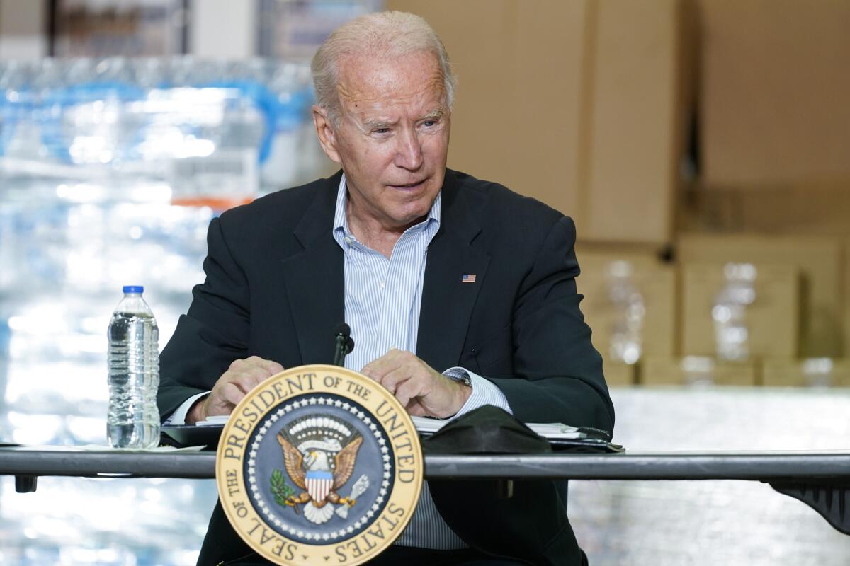 President Joe Biden speaks during a briefing about the impact of Hurricane Ida, Tuesday, Sept. 7, 2021, in Hillsborough Township, N.J. (AP Photo/Evan Vucci)