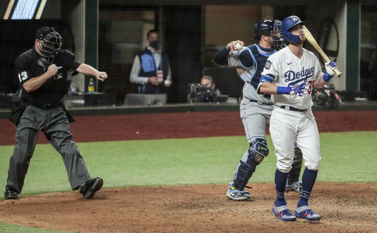 Dodgers center fielder Cody Bellinger (35) strikes out in the eighth inning in game two of the World Series.