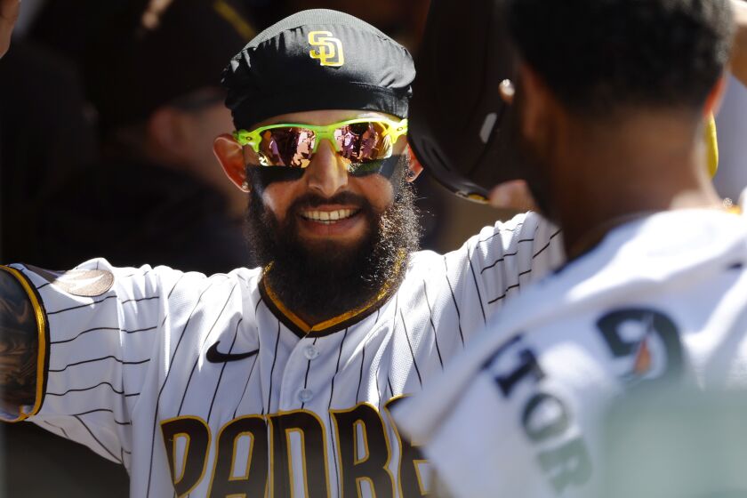 San Diego, CA - May 3: San Diego Padres' Rougned Odor celebrates after scoring on a Juan Soto double in the sixth inning against the Cincinnati Reds at Petco Park on Wednesday, May 3, 2023 in San Diego, CA. (K.C. Alfred / The San Diego Union-Tribune)