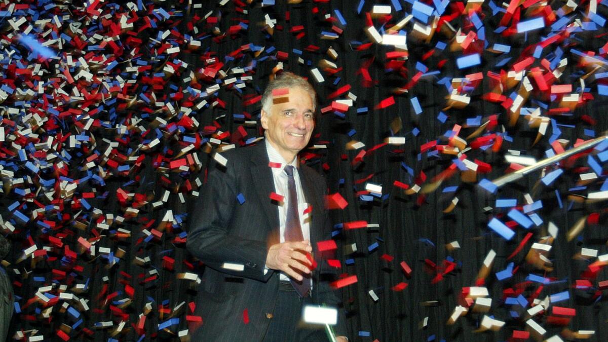 Ralph Nader on the campaign trail in Portland, Oregon during his 2004 third-party presidential bid.