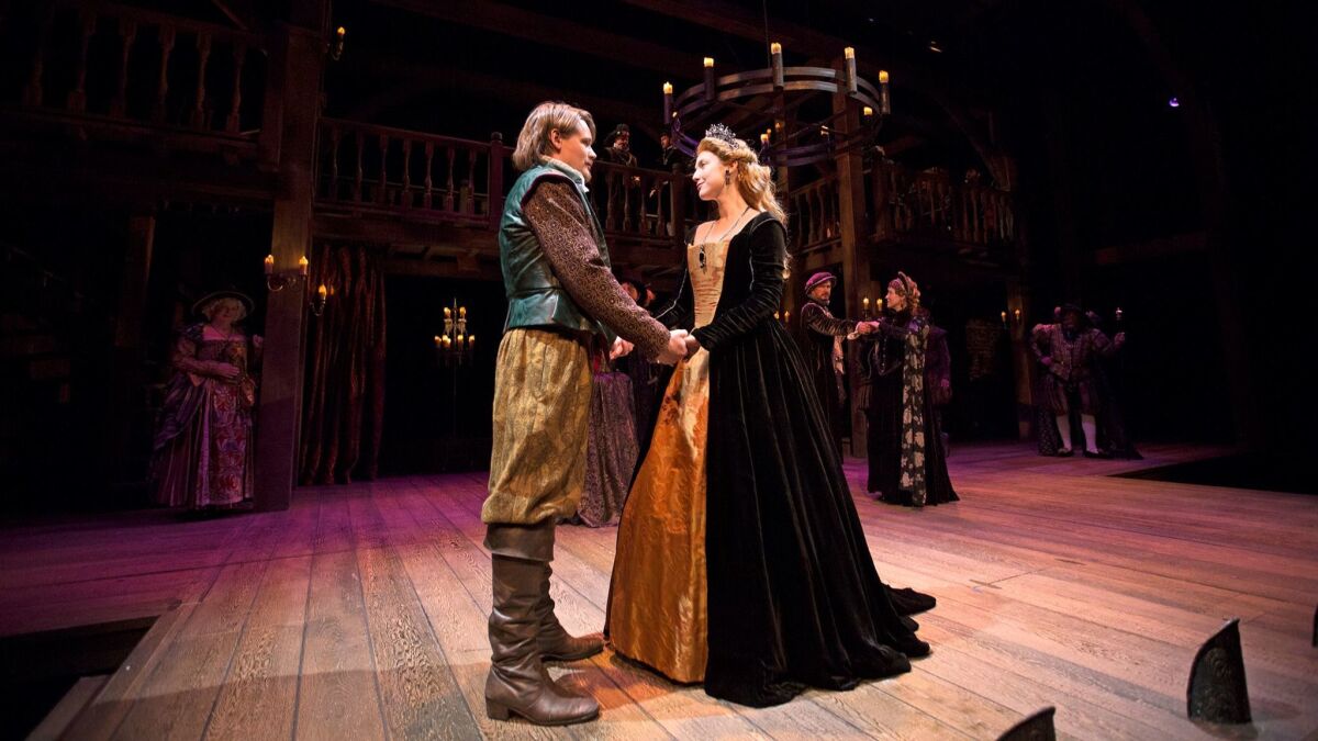 Paul David Story and Carmela Corbett play Will Shakespeare and Viola in South Coast Repertory's production of "Shakespeare in Love."