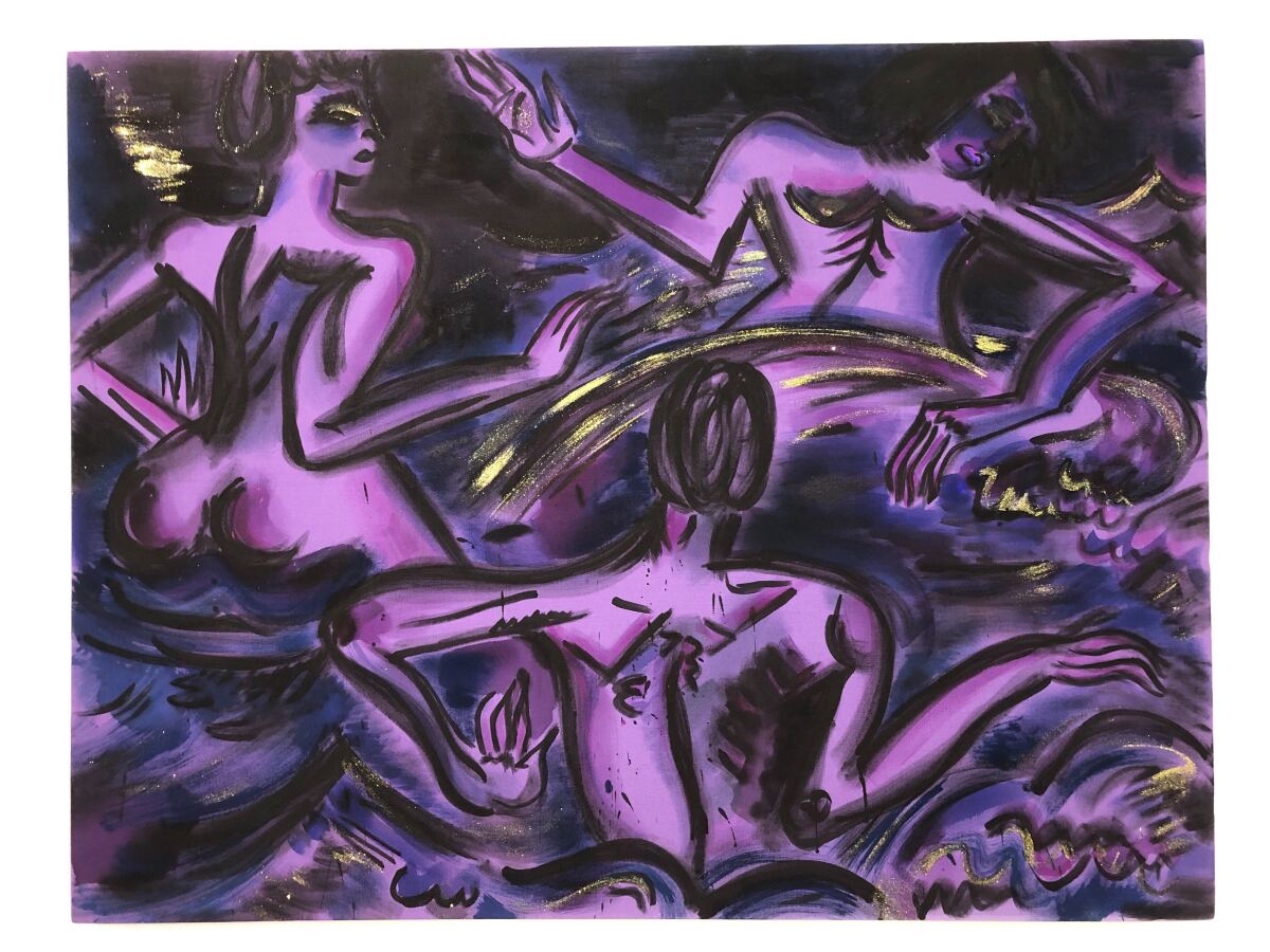 A painting by Mira Dancy features three figures bathing in shades of black and purple