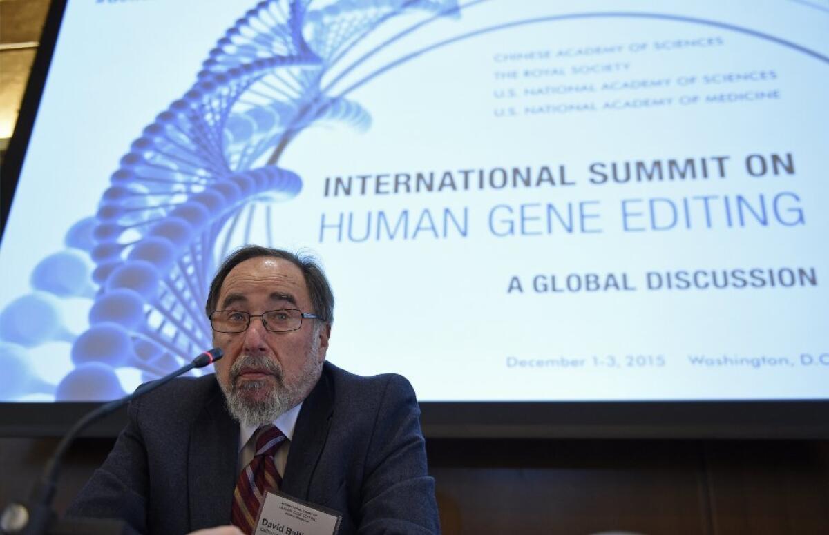 Nobel laureate David Baltimore of Caltech speaks to reporters at an international summit on the safety and ethics of human gene editing held in Washington.