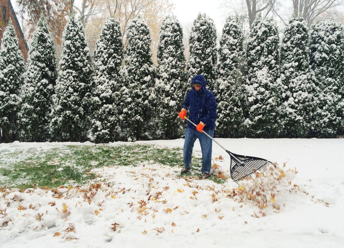 Jack Malovich, 72, of Erie, Pa., tries to move leaf piles out of the snow on Nov. 13. The Erie region recorded its first measurable snow of the season.