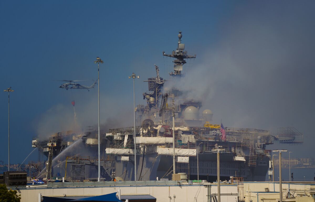 Navy used helicopters for water drops over the fire aboard Bonhomme Richard at San Diego on July 13, 2020.