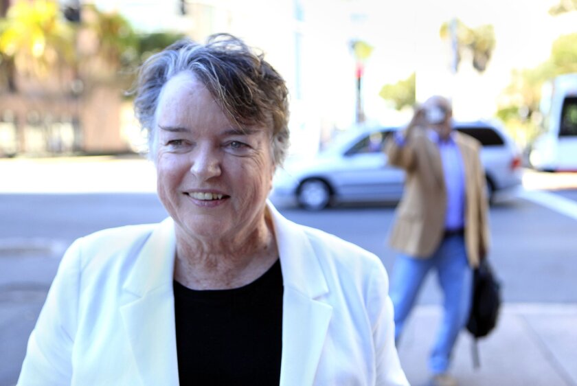 Former San Diego Mayor Maureen O'Connor walks away from San Diego Superior Court after a civil judgment in her and her sister Mavourneen F. O'Connor's favor for $7 million dollars was awarded in 2014.