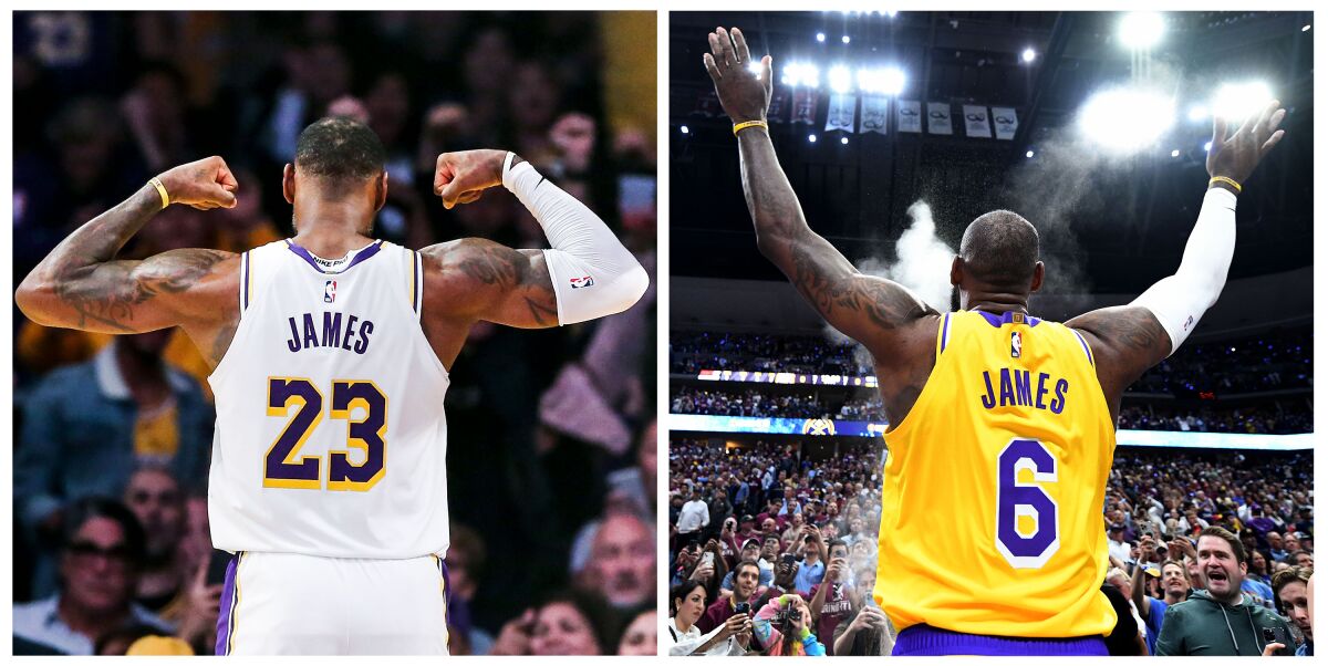 From left, Los Angeles Lakers forward LeBron James (23) flexes for the crowd in 2019. Lakers LeBron James tosses powder before Game 1 of the Western Conference Finals in 2023. (Robert Gauthier/Los Angeles Times Wally Skalij/Los Angeles Times)
