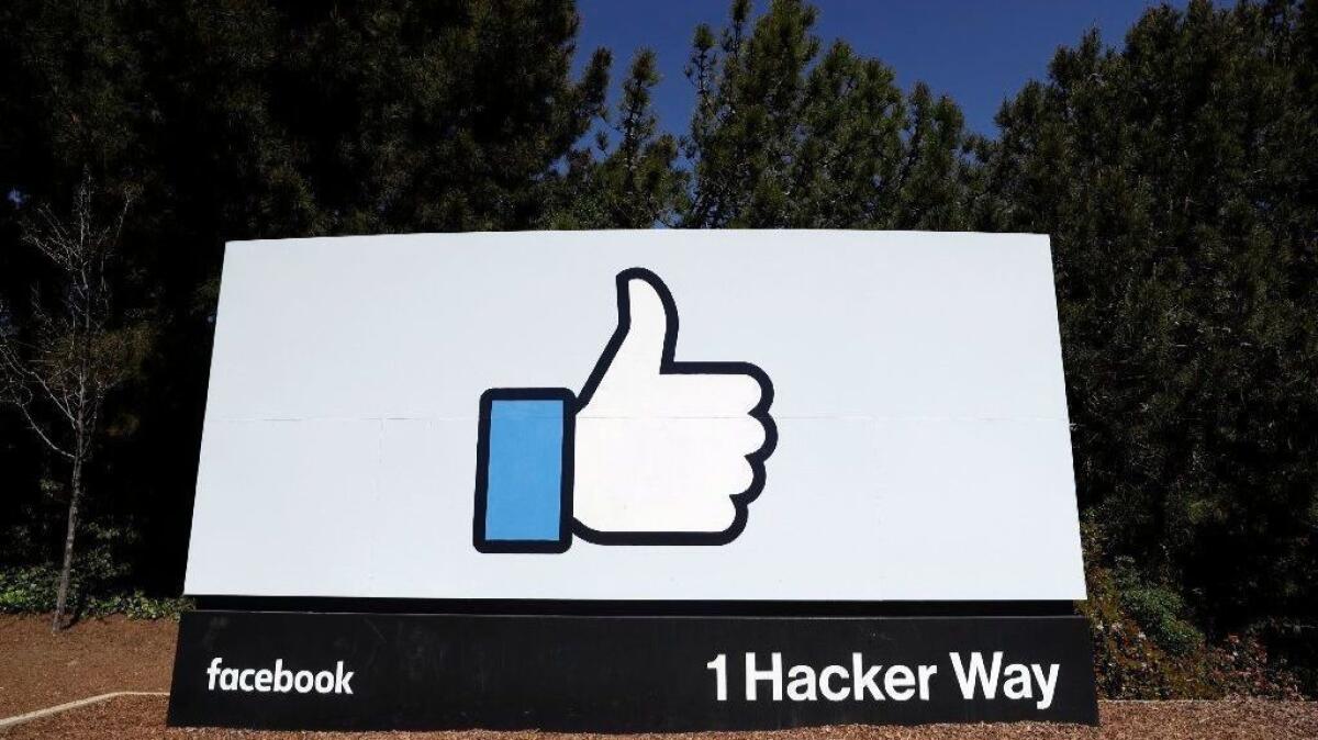 A sign greeting visitors at Facebook's headquarters in Menlo Park, Calif.