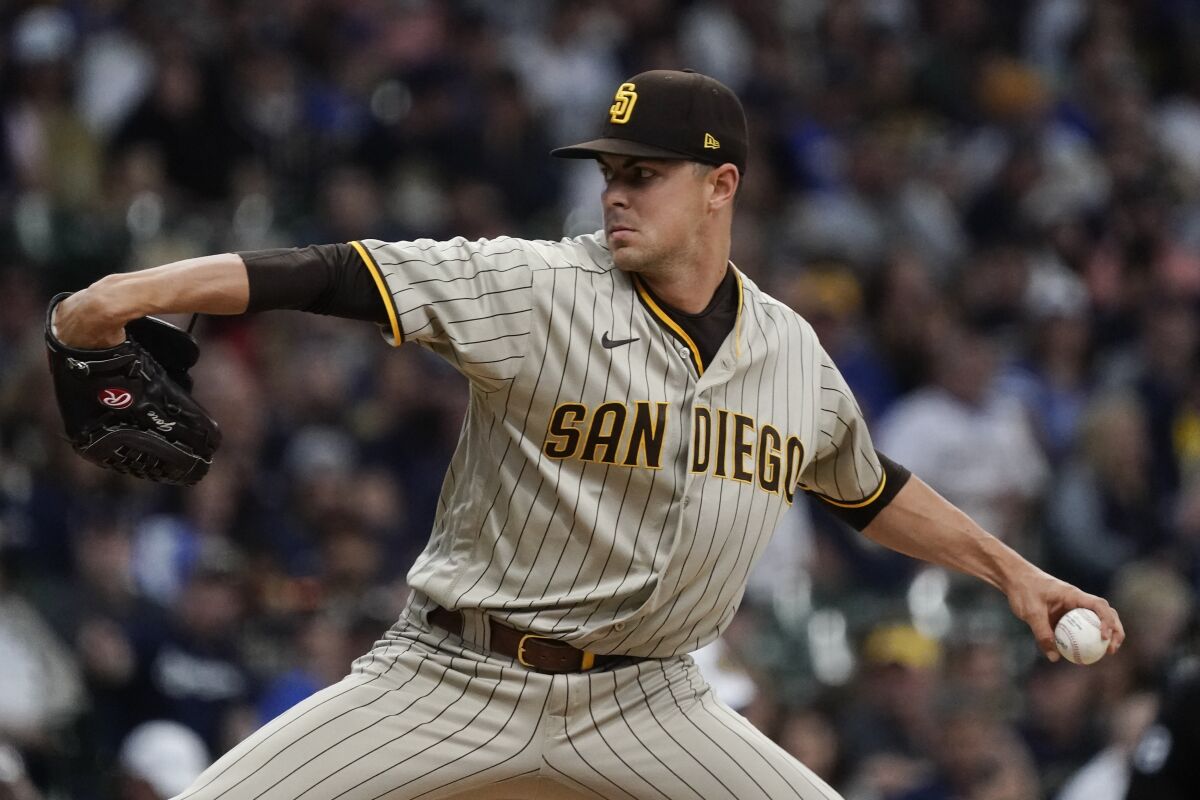San Diego Padres starting pitcher MacKenzie Gore throws during the first inning of a baseball game against the Milwaukee Brewers Saturday, June 4, 2022, in Milwaukee. (AP Photo/Morry Gash)