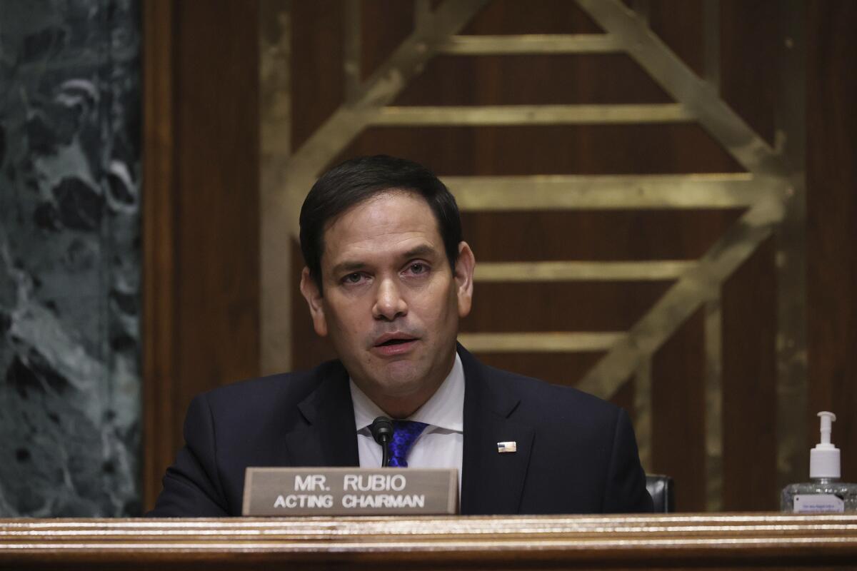 Sen. Marco Rubio (R-Fla.) speaks during a confirmation hearing in Washington on Tuesday, Jan. 19, 2021.