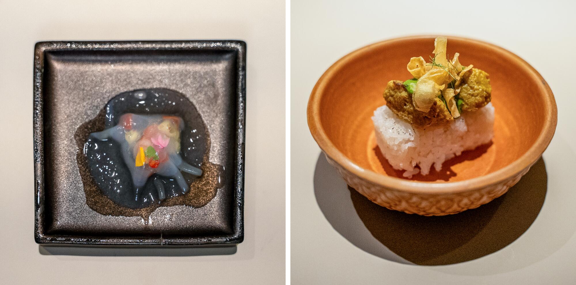 A small bite of squid, cucumber and heirloom tomato, left, and paddy field crab roe and Thai chimichurri atop rice, right. 