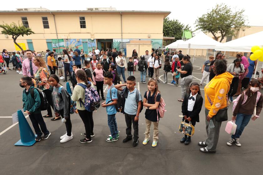 Los Angeles, CA - August 14: Lenicia B. Weemes Elementary School on Monday, Aug. 14, 2023 in Los Angeles, CA. Fourth grade students form lines as they assemble for the first day of school at Lenicia B. Weemes Elementary School on the first day of classes for LAUSD students. (Al Seib / For The Times)
