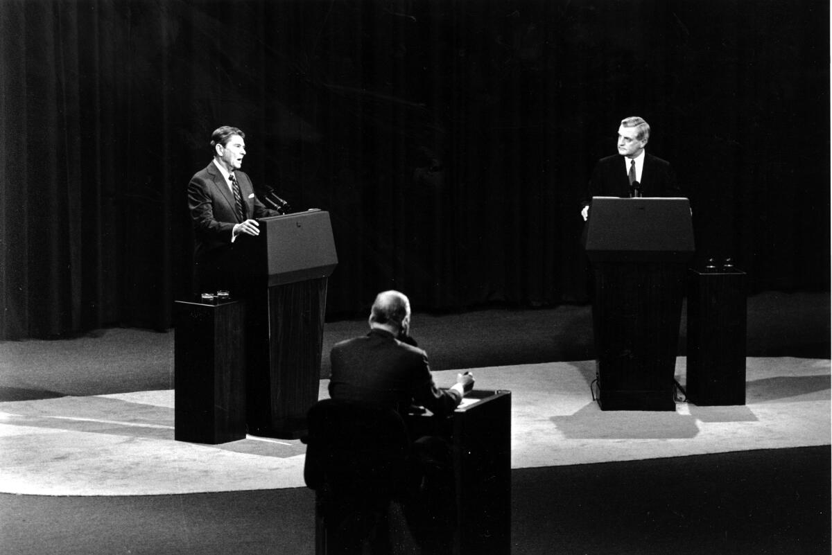 President Reagan and Democratic candidate Walter Mondale on a debate stage