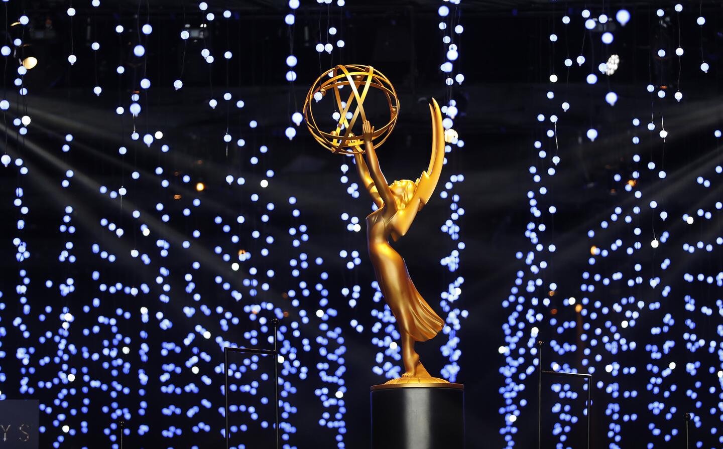 Emmy statuettes stand at attention under thousands of LED lights during the preview of the Emmys 70th Anniversary Celebration Governors Ball that will happen on Sept. 17, immediately following the awards telecast.