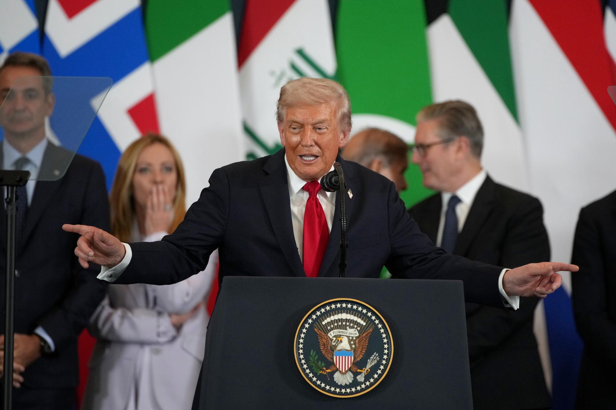 President Trump speaks during a summit of world leaders Monday in Sharm El Sheikh, Egypt.