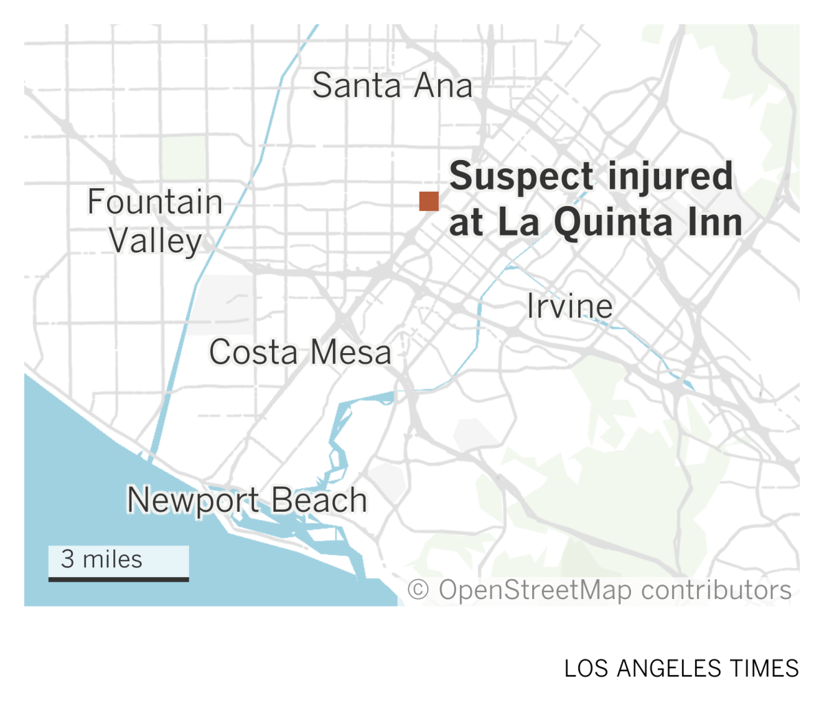 A map of Orange County showing the location of a La Quinta Inn where a suspect was injured