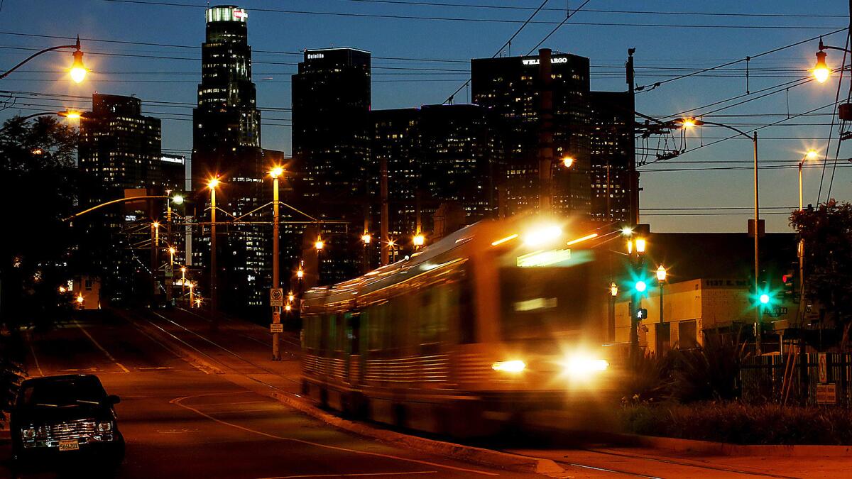 A Metro Gold Line train photographed east of downtown in 2014.