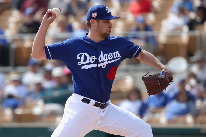 GLENDALE, ARIZONA - FEBRUARY 25: Starting pitcher Brock Stewart #48 of the Los Angeles Dodgers pitches against the Chicago Cubs during the first inning of the MLB spring training game at Camelback Ranch on February 25, 2019 in Glendale, Arizona. (Photo by Christian Petersen/Getty Images) ** OUTS - ELSENT, FPG, CM - OUTS * NM, PH, VA if sourced by CT, LA or MoD **