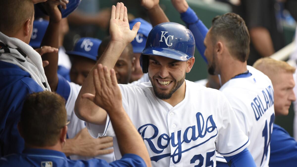 Kansas City Royals first baseman Eric Hosmer celebrates in the dugout after scoring on a two-run double by Kendrys Morales during a 4-1 win over the Detroit Tigers on Friday.