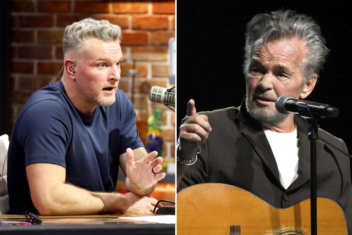 Left, Pat McAfee sits at a table and gestures with his hand. Right, John Mellencamp points while speaking into a microphone