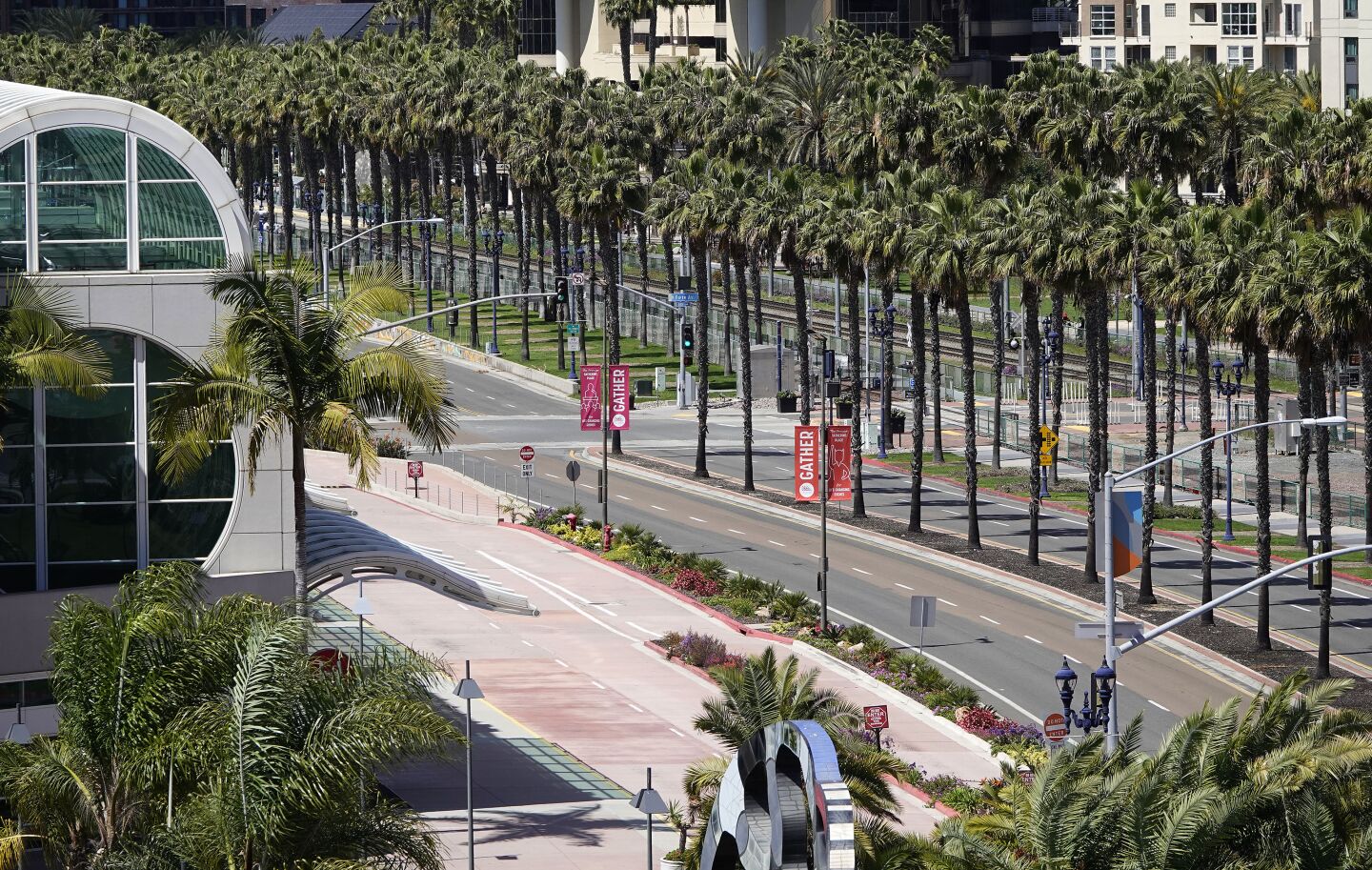 The normally busy Harbor Drive in front of the San Diego Convention Center was quiet on March 23, 2020.