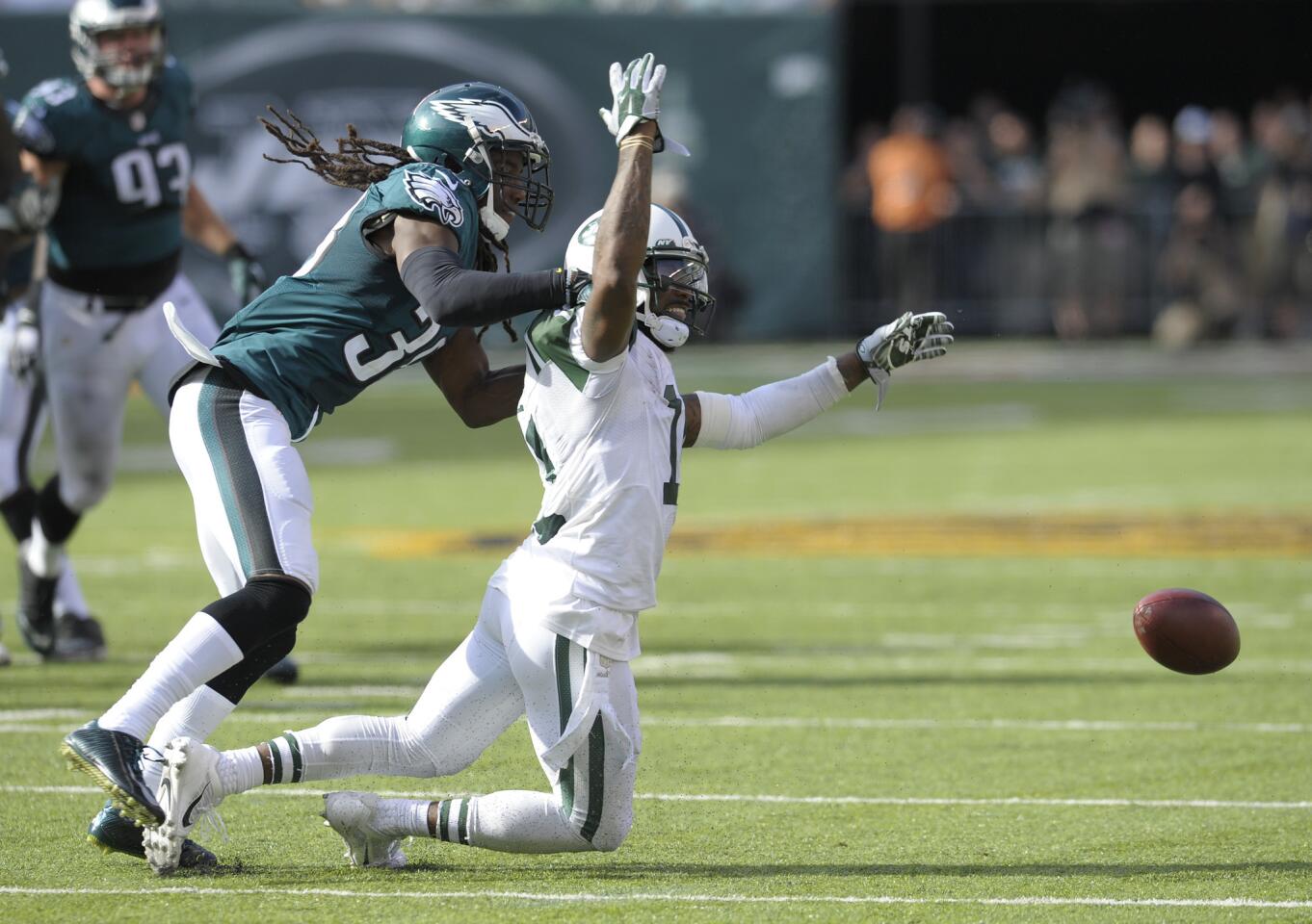 Philadelphia Eagles defensive back E.J. Biggers (38) breaks up a pass intended for New York Jets wide receiver Jeremy Kerley (11) during the fourth quarter of an NFL football game, Sunday, Sept. 27, 2015, in East Rutherford, N.J.