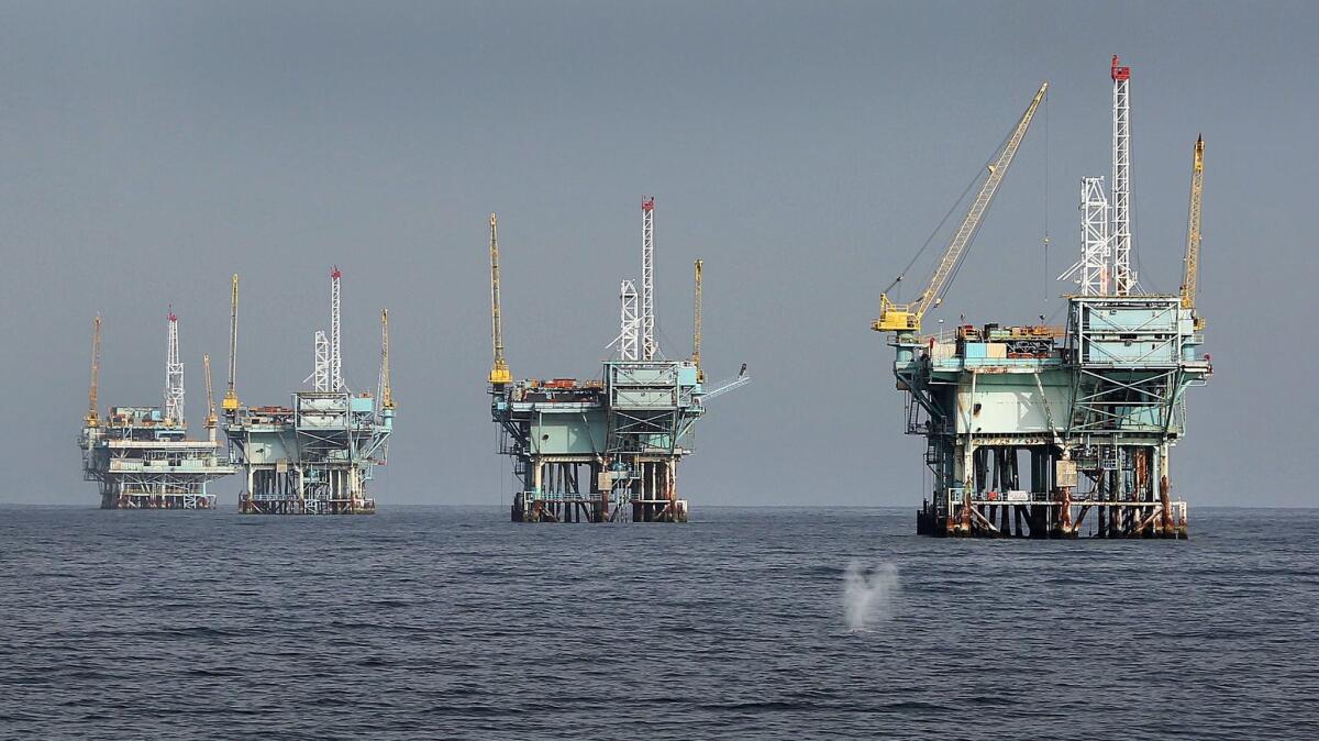Oil companies may have trouble justifying the cost of new offshore developments at a time when hydraulic fracturing on land is cheaper. Above, rigs in the Santa Barbara Channel in March 2015.