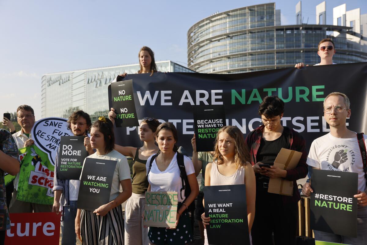 Swedish climate activist Greta Thunberg, third right, and other activists attend a demonstration outside European Parliament
