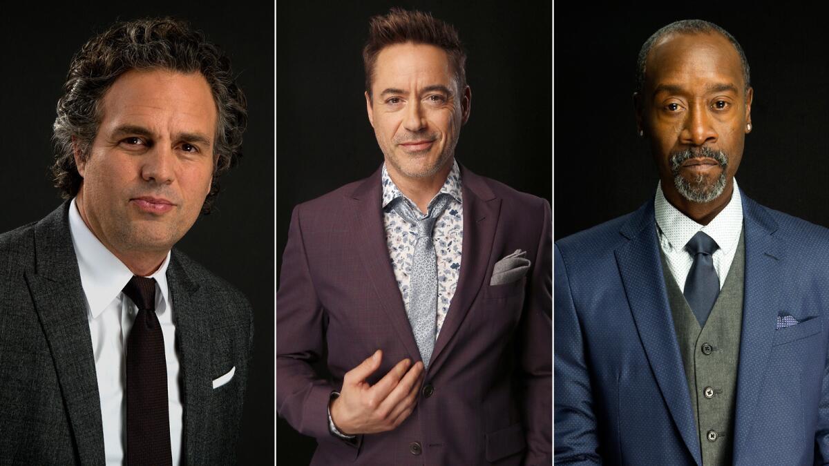 Actors Mark Ruffalo, from left, Robert Downey Jr. and Don Cheadle were featured in Joss Whedon's super PAC video aimed at increasing voter registration and turnout.