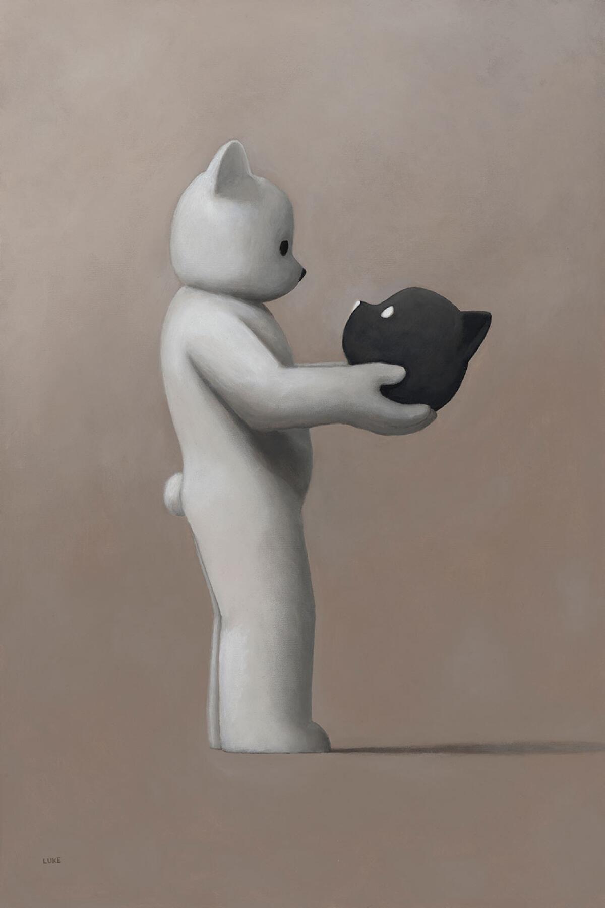 A painting of a white cartoon cat holding a black cat's head