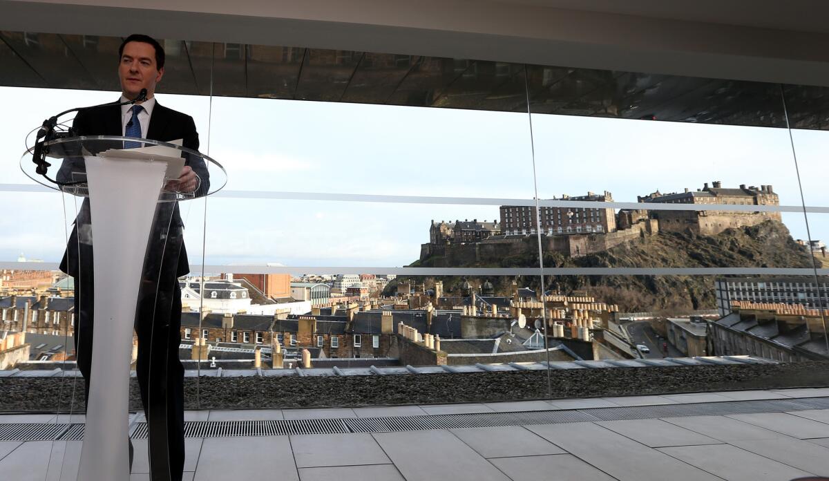 Britain's Chancellor of the Exchequer George Osborne gives a speech Thursday in Edinburgh, Scotland, linked to the forthcoming referendum on Scottish independence.